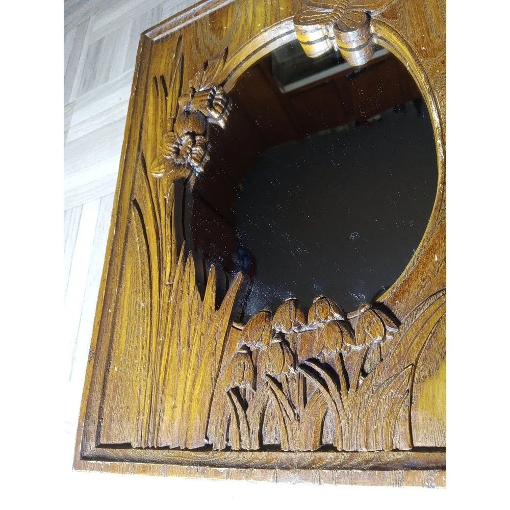 Vintage Einar Johansen Wood Carved Mirror 1976 Butterfly Daffodil Bluebells